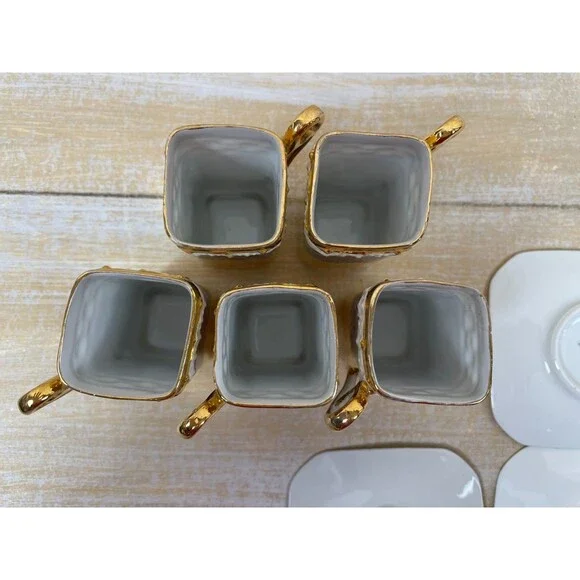 5 Bone China Gold Encrusted Floral Square Demi-Tasse Cups & Saucers Germany